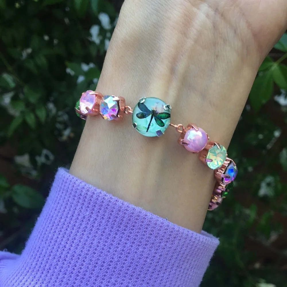 Pink Opal Aurora Borealis + Peridot Dragonfly Charm Crystal Tennis Bracelet - Picture 4 of 16